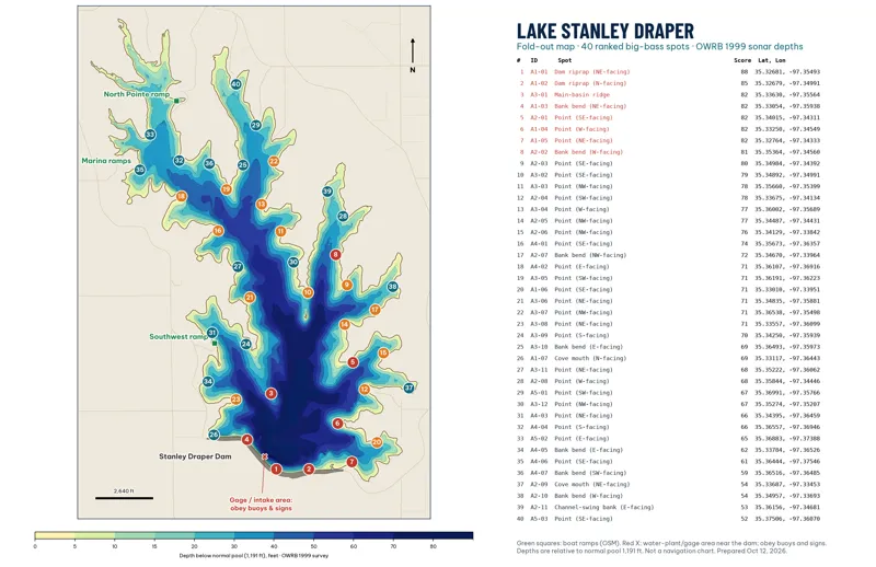 Fold-out map of Lake Stanley Draper with all 40 spots